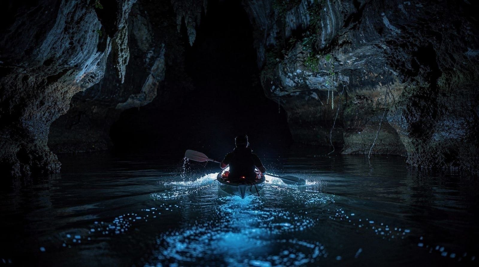 Bioluminescent plankton cave kayaking